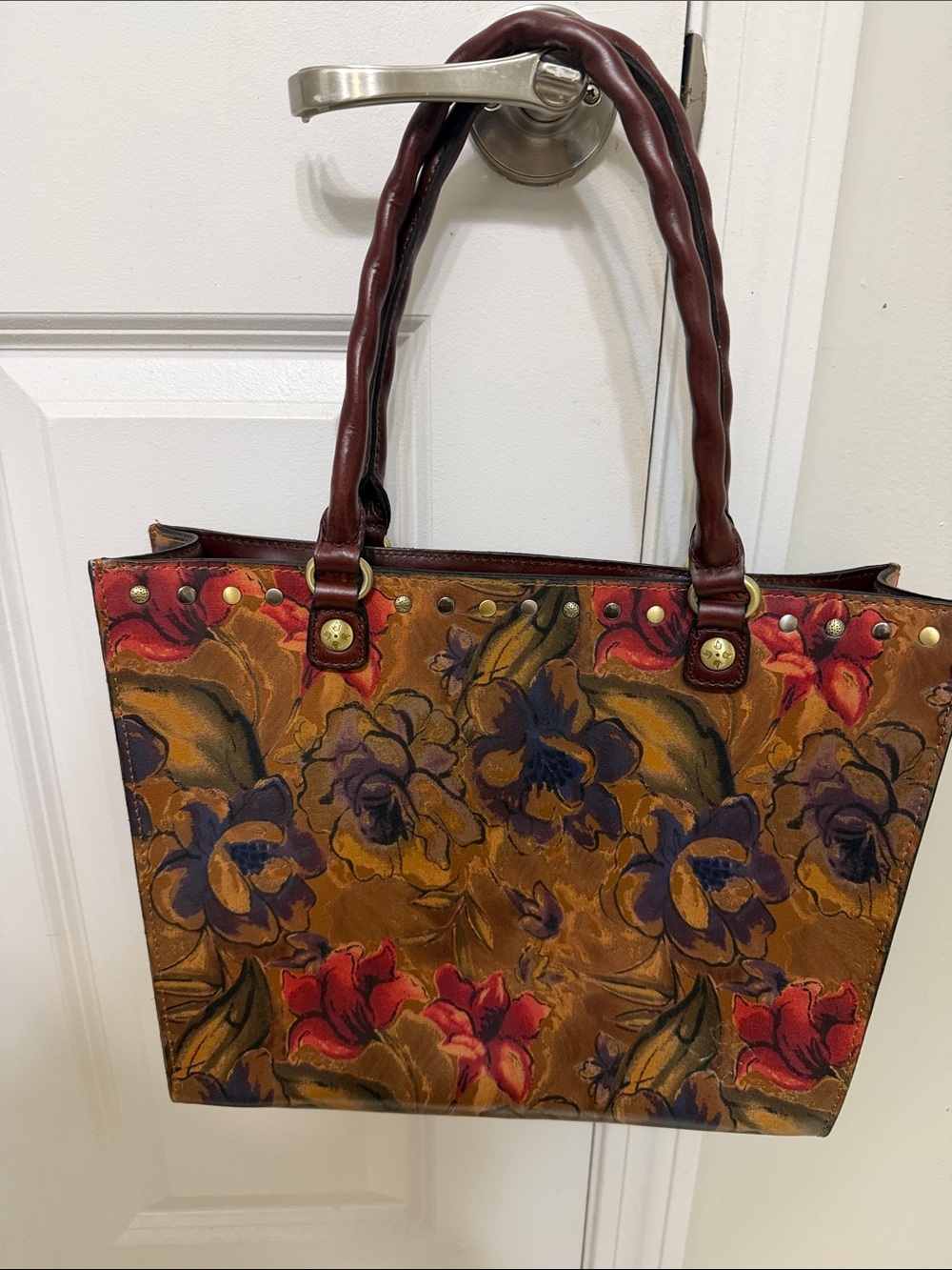Patricia Nash Floral Painted Leather Tote in Brown, Red and Purple - Picture 1 of 7
